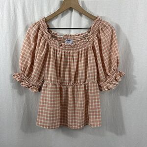 Old Navy Square Neck Pink Plaid Peasant Smocked Top Womens M Country Prairie